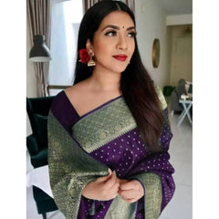Mayawye Women's Litchi silk Printed Saree With Unstitched Blouse (Purple)