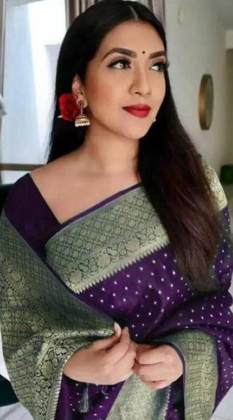 Mayawye Women's Litchi silk Printed Saree With Unstitched Blouse (Purple)