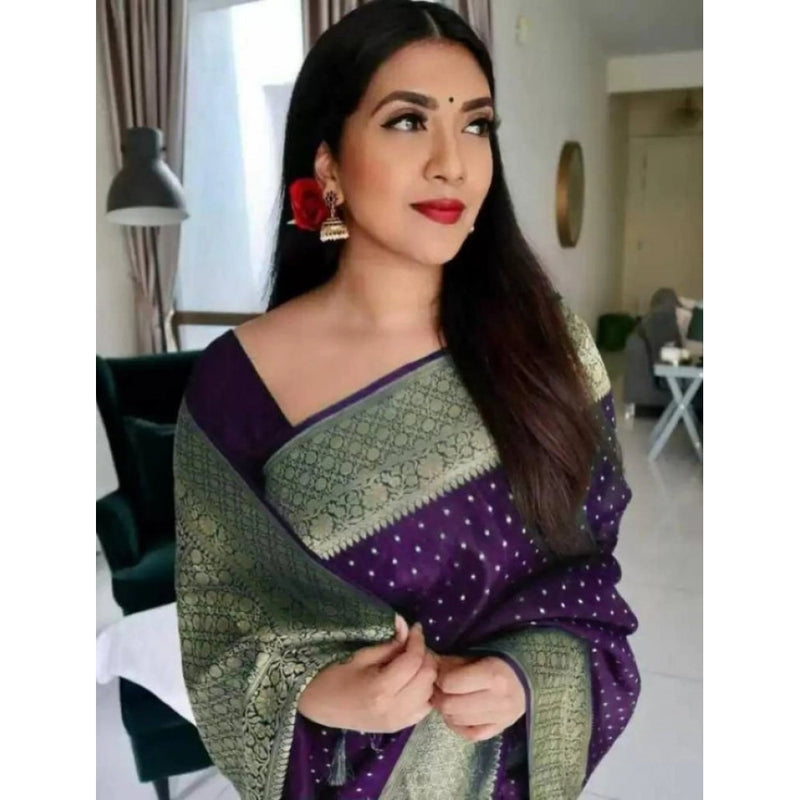 Mayawye Women's Litchi silk Printed Saree With Unstitched Blouse (Purple)