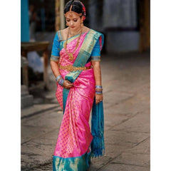 Mayawye Women's Litchi silk Printed Saree With Unstitched Blouse (Pink)