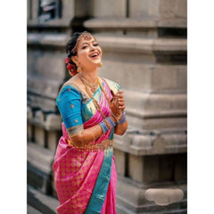 Mayawye Women's Litchi silk Printed Saree With Unstitched Blouse (Pink)