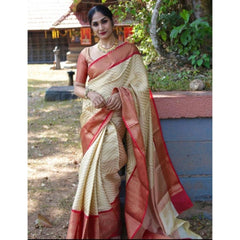Mayawye Women's Litchi silk Printed Saree With Unstitched Blouse (Beige)