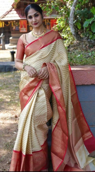 Mayawye Women's Litchi silk Printed Saree With Unstitched Blouse (Beige)