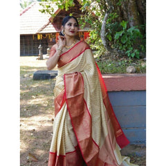 Mayawye Women's Litchi silk Printed Saree With Unstitched Blouse (Beige)