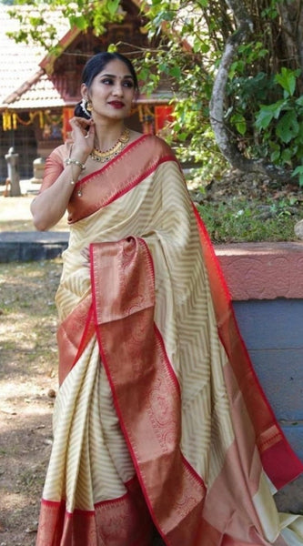 Mayawye Women's Litchi silk Printed Saree With Unstitched Blouse (Beige)