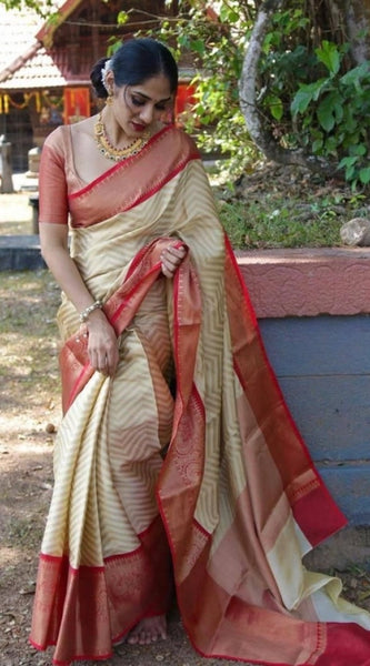 Mayawye Women's Litchi silk Printed Saree With Unstitched Blouse (Beige)