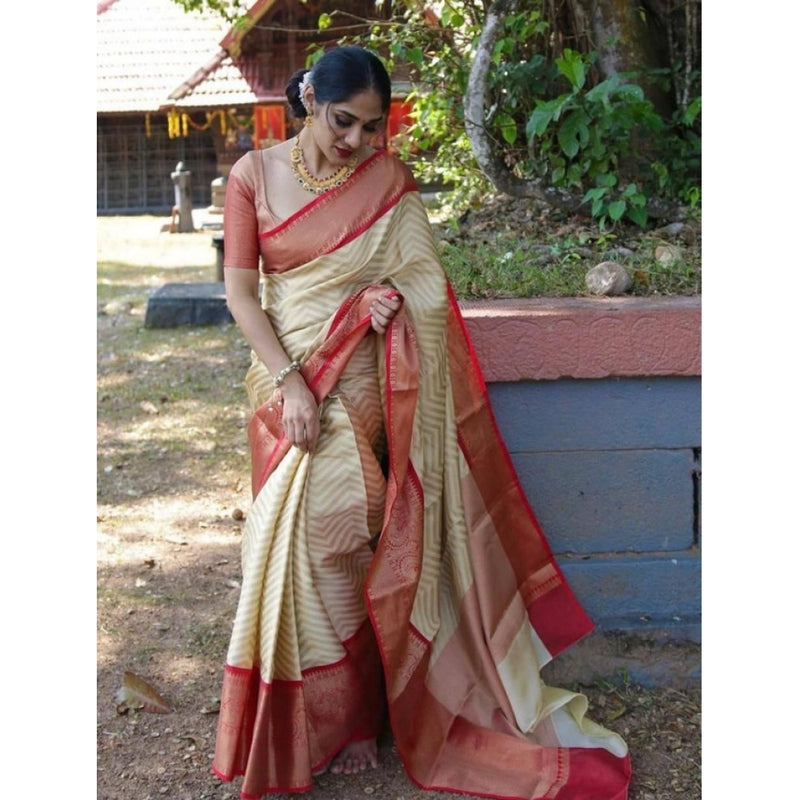 Mayawye Women's Litchi silk Printed Saree With Unstitched Blouse (Beige)