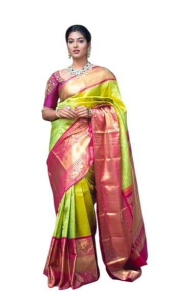 Mayawye Women's Litchi silk Printed Saree With Unstitched Blouse (Green)