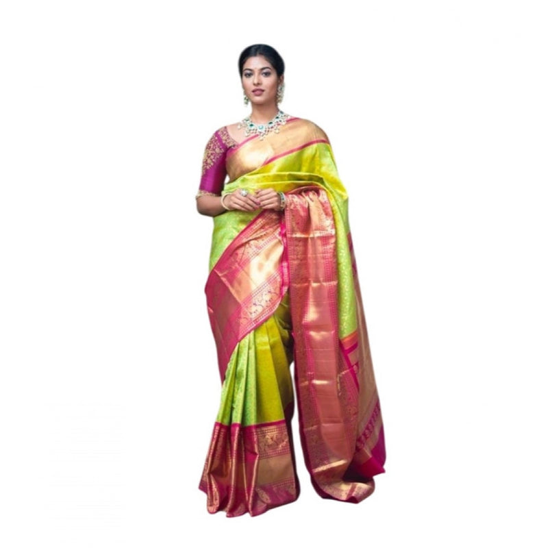 Mayawye Women's Litchi silk Printed Saree With Unstitched Blouse (Green)