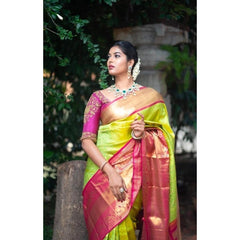 Mayawye Women's Litchi silk Printed Saree With Unstitched Blouse (Green)