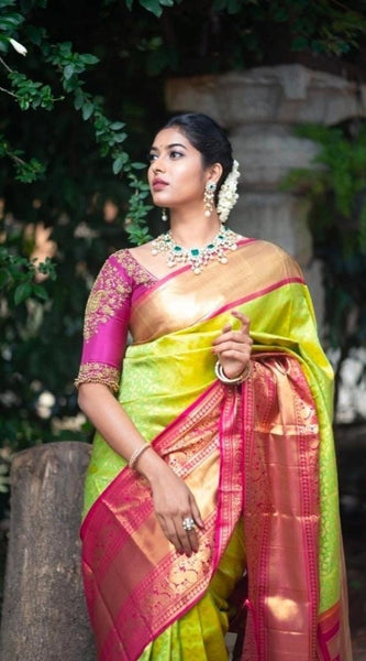 Mayawye Women's Litchi silk Printed Saree With Unstitched Blouse (Green)