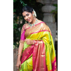 Mayawye Women's Litchi silk Printed Saree With Unstitched Blouse (Green)