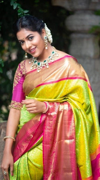 Mayawye Women's Litchi silk Printed Saree With Unstitched Blouse (Green)