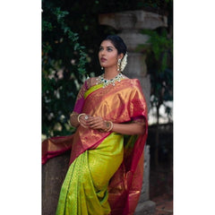 Mayawye Women's Litchi silk Printed Saree With Unstitched Blouse (Green)