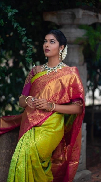 Mayawye Women's Litchi silk Printed Saree With Unstitched Blouse (Green)