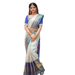 Mayawye Women's Litchi silk Printed Saree With Unstitched Blouse (Off White)