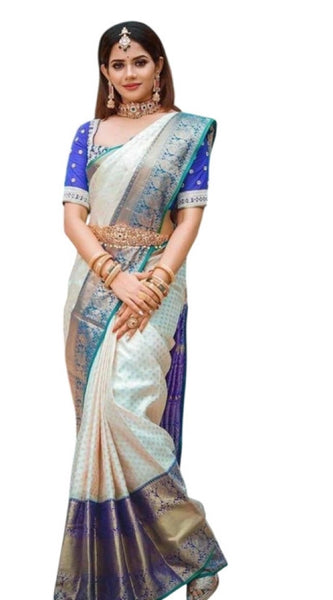 Mayawye Women's Litchi silk Printed Saree With Unstitched Blouse (Off White)