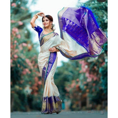 Mayawye Women's Litchi silk Printed Saree With Unstitched Blouse (Off White)