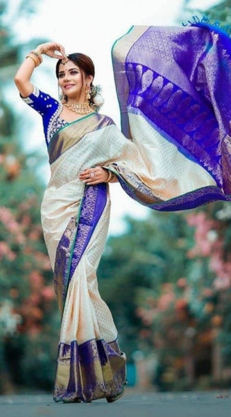 Mayawye Women's Litchi silk Printed Saree With Unstitched Blouse (Off White)