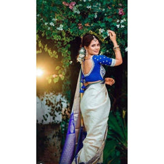 Mayawye Women's Litchi silk Printed Saree With Unstitched Blouse (Off White)