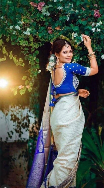Mayawye Women's Litchi silk Printed Saree With Unstitched Blouse (Off White)