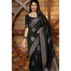 Mayawye Women's Litchi silk Printed Saree With Unstitched Blouse (Black)