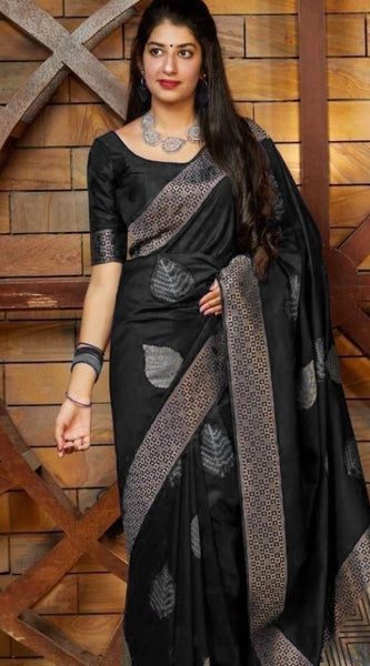 Mayawye Women's Litchi silk Printed Saree With Unstitched Blouse (Black)
