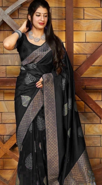 Mayawye Women's Litchi silk Printed Saree With Unstitched Blouse (Black)