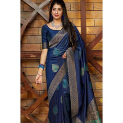 Mayawye Women's Litchi silk Printed Saree With Unstitched Blouse (Blue)