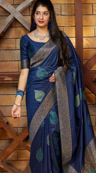 Mayawye Women's Litchi silk Printed Saree With Unstitched Blouse (Blue)
