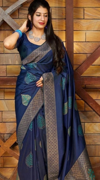 Mayawye Women's Litchi silk Printed Saree With Unstitched Blouse (Blue)