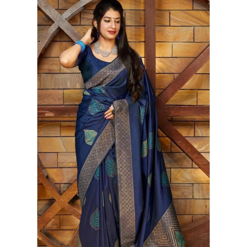 Mayawye Women's Litchi silk Printed Saree With Unstitched Blouse (Blue)