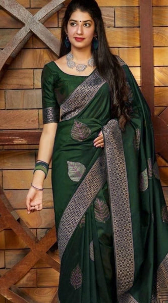 Mayawye Women's Litchi silk Printed Saree With Unstitched Blouse (Green)