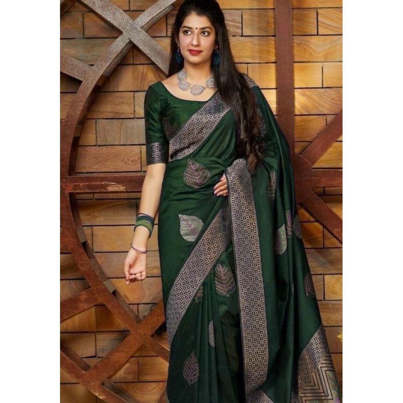 Mayawye Women's Litchi silk Printed Saree With Unstitched Blouse (Green)
