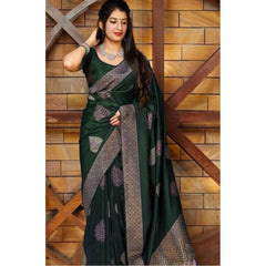 Mayawye Women's Litchi silk Printed Saree With Unstitched Blouse (Green)