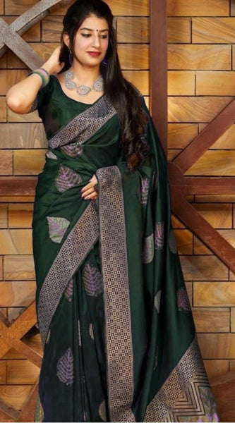 Mayawye Women's Litchi silk Printed Saree With Unstitched Blouse (Green)