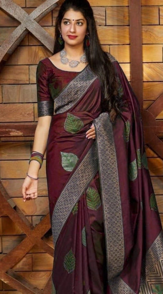 Mayawye Women's Litchi silk Printed Saree With Unstitched Blouse (Maroon)