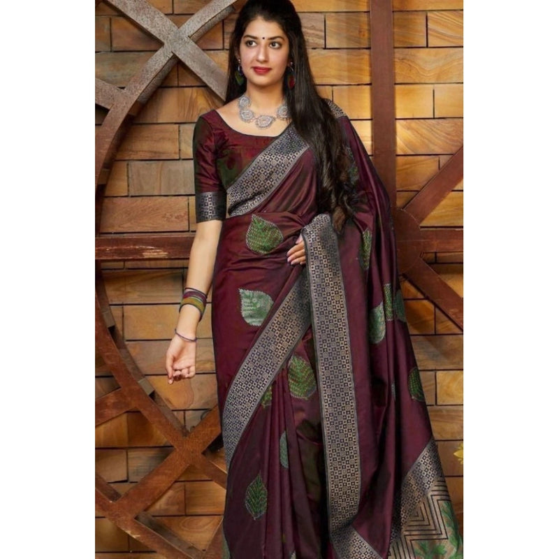 Mayawye Women's Litchi silk Printed Saree With Unstitched Blouse (Maroon)