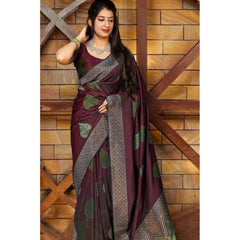 Mayawye Women's Litchi silk Printed Saree With Unstitched Blouse (Maroon)