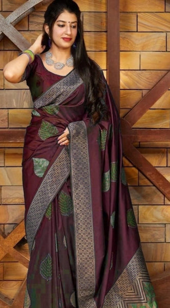 Mayawye Women's Litchi silk Printed Saree With Unstitched Blouse (Maroon)