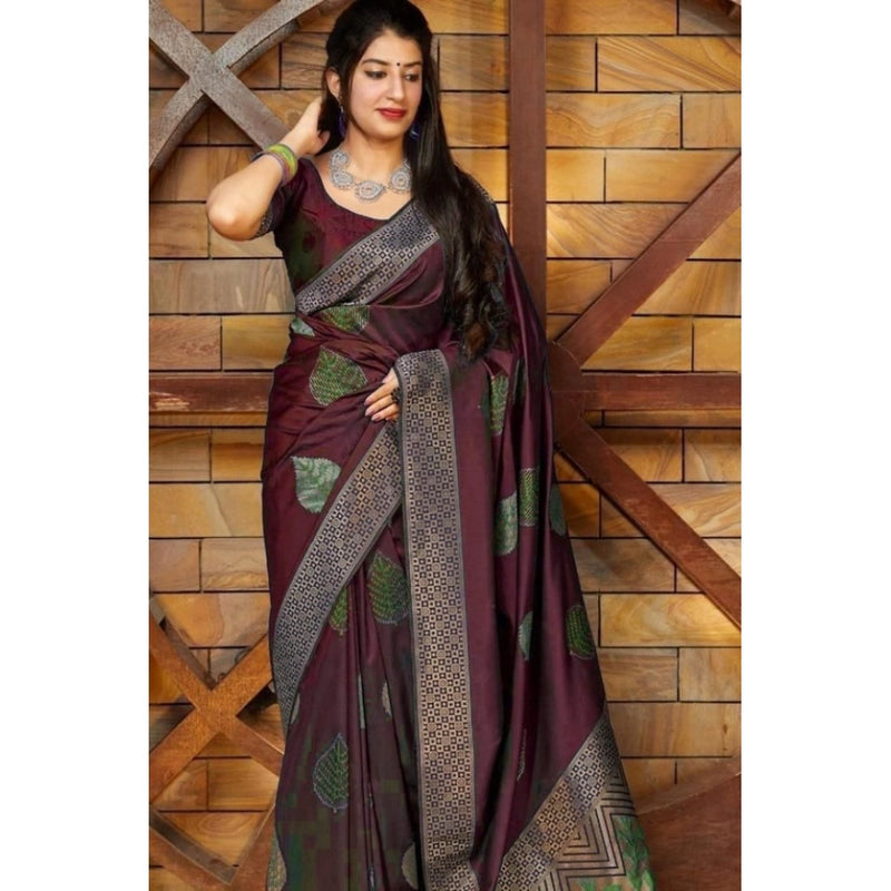 Mayawye Women's Litchi silk Printed Saree With Unstitched Blouse (Maroon)