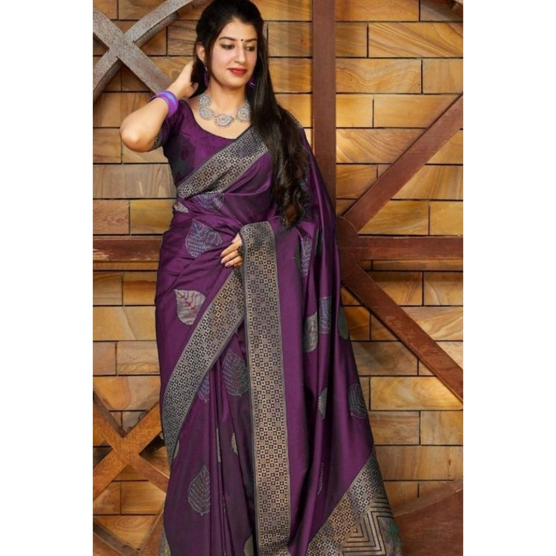 Mayawye Women's Litchi silk Printed Saree With Unstitched Blouse (Purple)