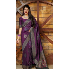 Mayawye Women's Litchi silk Printed Saree With Unstitched Blouse (Purple)