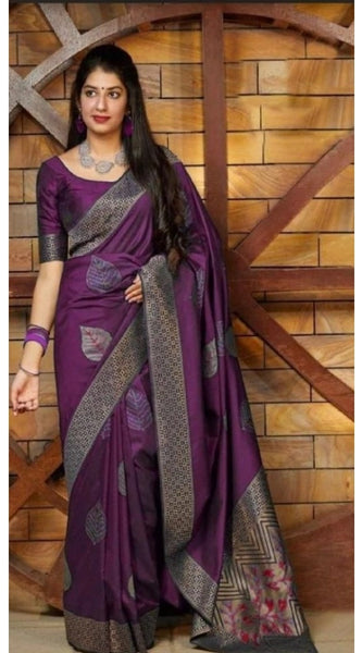 Mayawye Women's Litchi silk Printed Saree With Unstitched Blouse (Purple)