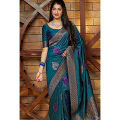 Mayawye Women's Litchi silk Printed Saree With Unstitched Blouse (Rama Blue)