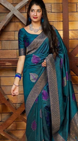 Mayawye Women's Litchi silk Printed Saree With Unstitched Blouse (Rama Blue)