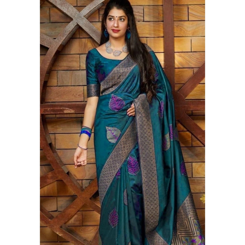 Mayawye Women's Litchi silk Printed Saree With Unstitched Blouse (Rama Blue)