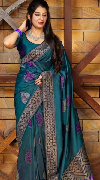 Mayawye Women's Litchi silk Printed Saree With Unstitched Blouse (Rama Blue)
