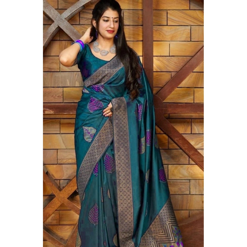 Mayawye Women's Litchi silk Printed Saree With Unstitched Blouse (Rama Blue)