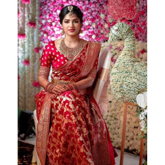 Mayawye Women's Litchi silk Printed Saree With Unstitched Blouse (Red)